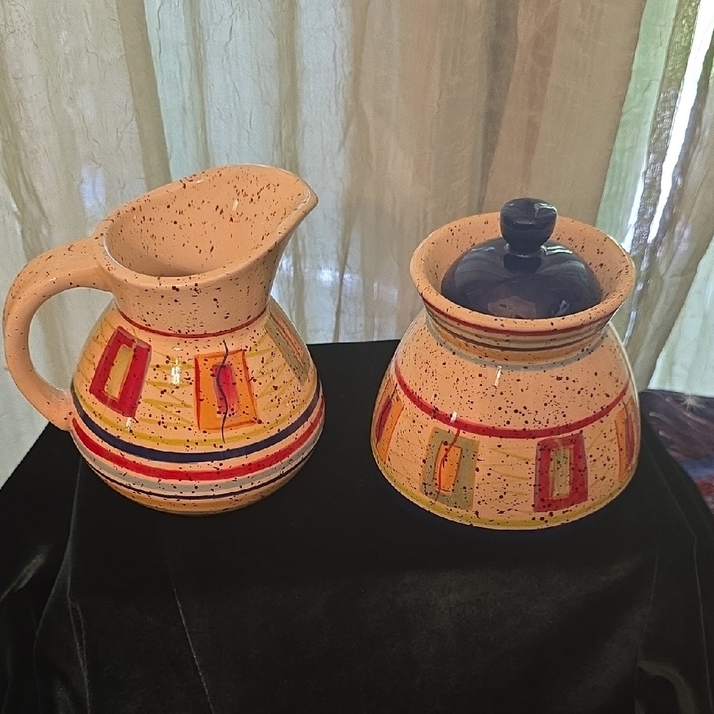 Pfaltzgraff Sugar‎ Creamer Set Sedona Pattern Cream Red Yellow Blue